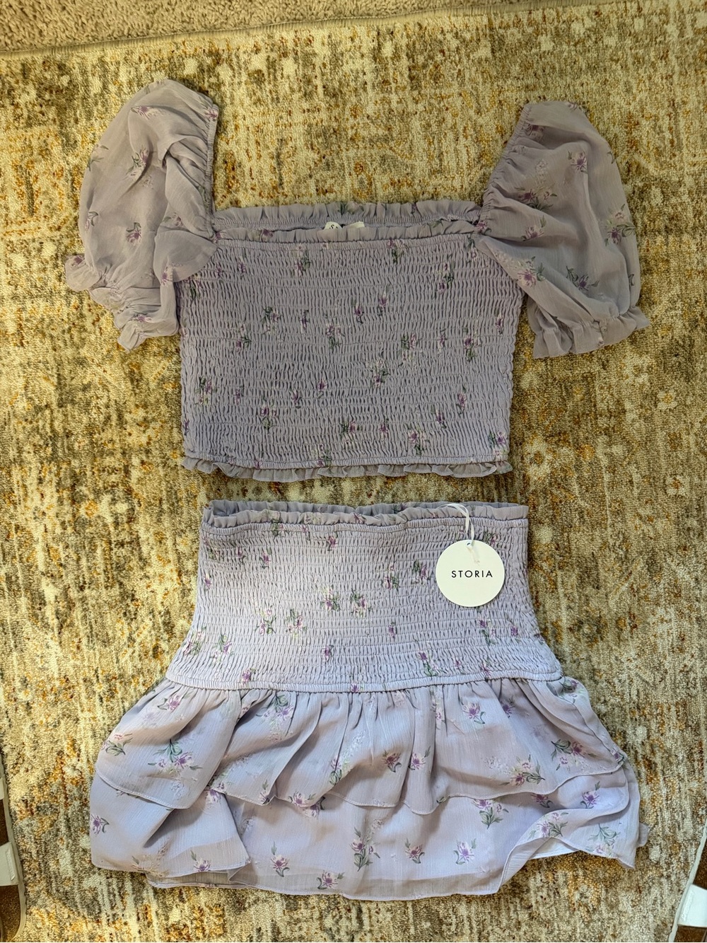 NWT Storia Lavender Floral Smocked Skirt Set